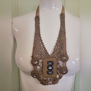 Banana Republic tan crochet macrame lace rhinestone statement ribbon necklace